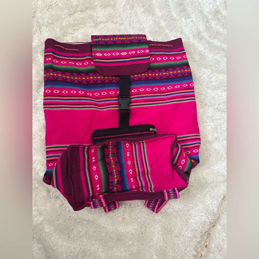 Boho Woven Baja Pink Striped Backpack Tribal Geometric Festival Rucksack - Picture 5 of 9